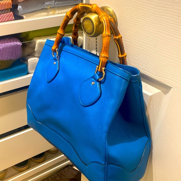 Gucci Blue Leather Tote Bag with Bamboo Handles - Picture 5 of 6